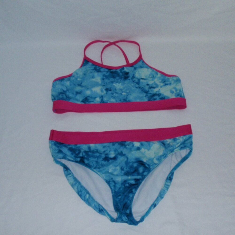 Lands End Girls Bikini Swim Suit Swimsuit Set Sz 16 Blue Pink